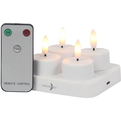 Lunartec Kerzen: 4er-Set LED-Akku-Teelichter mit USB-Ladestation, Fernbedienung, Timer (LED Kerzen mit Fernbedienung, Teelicht, Flamme) Lunartec Kerzen: 4er-Set LED-Akku-Teelichter mit USB-Ladestation, Fernbedienung, Timer (LED Kerzen mit Fernbedienung, Teelicht, Flamme)