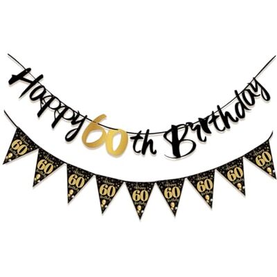 VQUNBG Banner zum 60. Geburtstag, Dekorationen Banner schwarz und gold, Happy 60th Birthday Banner, Dreiecksflaggen für Männer, Party-Dekor-Zubehör VQUNBG Banner zum 60. Geburtstag, Dekorationen Banner schwarz und gold, Happy 60th Birthday Banner, Dreiecksflaggen für Männer, Party-Dekor-Zubehör