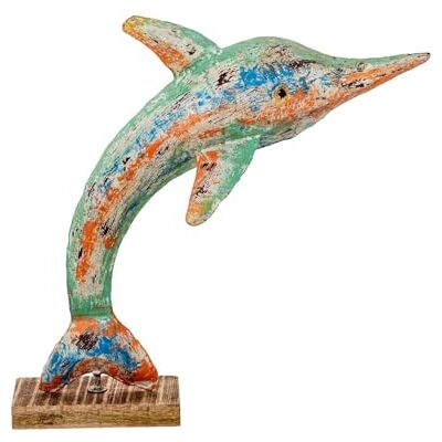 DRW Delfin Figur aus Metall mit Holzsockel in Blau, Grün und Orange, 53 x 23 x 48 cm DRW Delfin Figur aus Metall mit Holzsockel in Blau, Grün und Orange, 53 x 23 x 48 cm