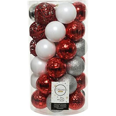 Decoris Weihnachtskugeln Kunststoff 6cm x 37er Ornamente Mix Set Christbaumkugeln bruchsicher Rot/Weiß/Silber Decoris Weihnachtskugeln Kunststoff 6cm x 37er Ornamente Mix Set Christbaumkugeln bruchsicher Rot/Weiß/Silber