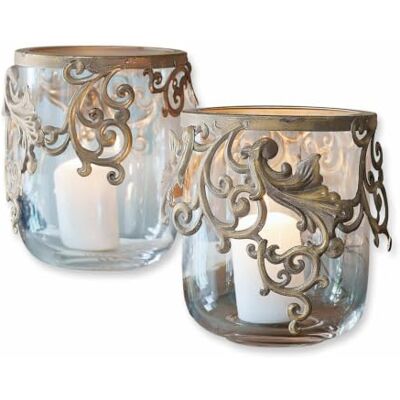 Loberon Windlicht 2er Set Sundini, antikgold/klar Edler Vintage-Charakter, Florale Verzierungen, Mediterrane Note, Wohn-Accessoire, Glas, Stahl Loberon Windlicht 2er Set Sundini, antikgold/klar Edler Vintage-Charakter, Florale Verzierungen, Mediterrane Note, Wohn-Accessoire, Glas, Stahl