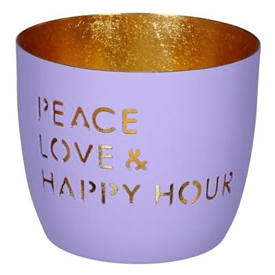 Gift Company Madras, Windlicht, M, Motiv: Peace, Love & Happy Hour, lila/Gold H8,5, D10cm Gift Company Madras, Windlicht, M, Motiv: Peace, Love & Happy Hour, lila/Gold H8,5, D10cm