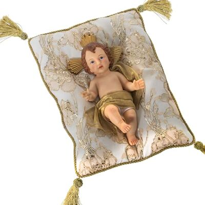 DRW Figur eines Kindes Jesus aus Harz mit Kissen in Beige und Gold, 8 x 13 x 28 cm DRW Figur eines Kindes Jesus aus Harz mit Kissen in Beige und Gold, 8 x 13 x 28 cm