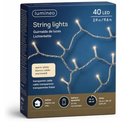 Lumineo LED Lichterkette 292,5cm Basic Batterie 40 LEDs Warmweiß / transparent Lichterkette mit Timer für Innenbereich Dauerbetrieb Leuchtkette Fenster Beleuchtung Wohnraum Weihnachtsbaum Tisch Deko Lumineo LED Lichterkette 292,5cm Basic Batterie 40 LEDs Warmweiß / transparent Lichterkette mit Timer für Innenbereich Dauerbetrieb Leuchtkette Fenster Beleuchtung Wohnraum Weihnachtsbaum Tisch Deko
