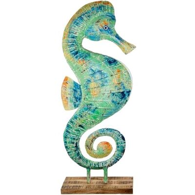 DRW Figur eines Seepferdchens aus Metall und Holzsockel in Blau und Grün, 30 x 30 x 110 cm DRW Figur eines Seepferdchens aus Metall und Holzsockel in Blau und Grün, 30 x 30 x 110 cm