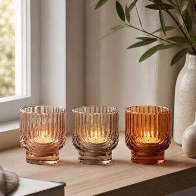 levandeo 3er Set Kerzenglas Teelichthalter Bernstein Beige Orange Windlichter Herbst Transparente Glas-Teelichtgläser im Rillendesign. Stapelbar & ideal als Tischdeko, Kerzenständer & Geschenk levandeo 3er Set Kerzenglas Teelichthalter Bernstein Beige Orange Windlichter Herbst Transparente Glas-Teelichtgläser im Rillendesign. Stapelbar & ideal als Tischdeko, Kerzenständer & Geschenk