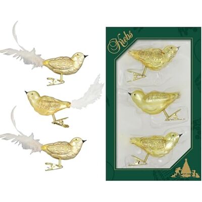 Krebs Glas Lauscha Christbaumschmuck aus Glas Gold und Satin-Goldene Vögel auf Clip 3 Stück 11 cm Krebs Glas Lauscha Christbaumschmuck aus Glas Gold und Satin-Goldene Vögel auf Clip 3 Stück 11 cm