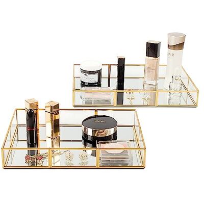 EQEY Set mit 2 goldfarbenen Tabletts für Schminktisch, Badezimmertablett mit Metallrahmen, dekoratives Tablett, Parfümtablett für Kommode, Badezimmer-Schmuck oder Heimdekoration (L+S) EQEY Set mit 2 goldfarbenen Tabletts für Schminktisch, Badezimmertablett mit Metallrahmen, dekoratives Tablett, Parfümtablett für Kommode, Badezimmer-Schmuck oder Heimdekoration (L+S)
