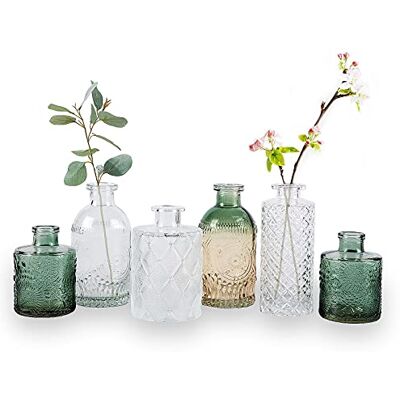 WILDMOS Knospenvasen-Set, kleine Blumenvasen für dekorative, Farbverlaufsglas und geprägte Mini-Flaschen im Vintage-Stil, für Heimdekoration, Mittelstück 8,4 cm 13,2 cm H (transparent + grün), 6 WILDMOS Knospenvasen-Set, kleine Blumenvasen für dekorative, Farbverlaufsglas und geprägte Mini-Flaschen im Vintage-Stil, für Heimdekoration, Mittelstück 8,4 cm 13,2 cm H (transparent + grün), 6