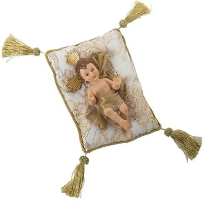 DRW Figur eines Kindes Jesus aus Harz mit Kissen in Beige und Gold, 7 x 11 x 20 cm DRW Figur eines Kindes Jesus aus Harz mit Kissen in Beige und Gold, 7 x 11 x 20 cm