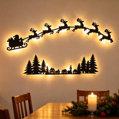 Generic 3D Beleuchteter Holz Rentier Weihnachtsdeko, Fliegender Santa Schlitten Warme Rückseitenbeleuchtung zum Aufkleben, LED-Rentier Deko aus echtem Holz, zum selbstklebenden Anbringen im Eingangsbereich Generic 3D Beleuchteter Holz Rentier Weihnachtsdeko, Fliegender Santa Schlitten Warme Rückseitenbeleuchtung zum Aufkleben, LED-Rentier Deko aus echtem Holz, zum selbstklebenden Anbringen im Eingangsbereich