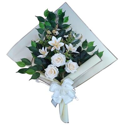 DRW Blumenstrauß für Friedhof, künstliche Blumen mit Vase, 78 x 63 x 20 cm (Lilien und Rosen beige) DRW Blumenstrauß für Friedhof, künstliche Blumen mit Vase, 78 x 63 x 20 cm (Lilien und Rosen beige)