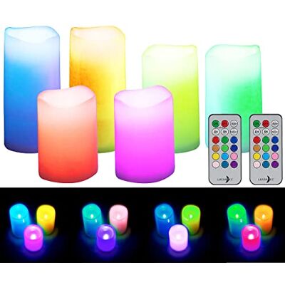 Lunartec Deko: 6er-Set dimmbare RGB-LED-Kerzen mit Timer & Fernbedienung, bunt, IP44 (farbige LED Kerzen, außen, Docht) Lunartec Deko: 6er-Set dimmbare RGB-LED-Kerzen mit Timer & Fernbedienung, bunt, IP44 (farbige LED Kerzen, außen, Docht)