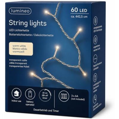 Lumineo LED Lichterkette 4,4m Basic Batterie 60 LEDs Warmweiß/transparent Lichterkette mit Timer für Innenbereich Dauerbetrieb Leuchtkette Fenster Beleuchtung Wohnraum Weihnachtsbaum Tisch Deko Lumineo LED Lichterkette 4,4m Basic Batterie 60 LEDs Warmweiß/transparent Lichterkette mit Timer für Innenbereich Dauerbetrieb Leuchtkette Fenster Beleuchtung Wohnraum Weihnachtsbaum Tisch Deko