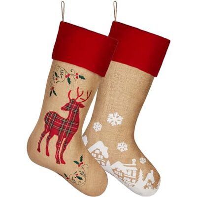 BRUBAKER 2er Set Weihnachtsstrumpf zum Befüllen und Aufhängen Jute Weihnachtsdorf und Rentier 52 cm groß Nikolausstrumpf für Weihnachten und Nikolaus Weihnachtsdeko Weihnachtssocken BRUBAKER 2er Set Weihnachtsstrumpf zum Befüllen und Aufhängen Jute Weihnachtsdorf und Rentier 52 cm groß Nikolausstrumpf für Weihnachten und Nikolaus Weihnachtsdeko Weihnachtssocken
