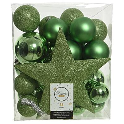 Kaemingk Weihnachtskugeln Kunststoff 5-8cm mit Christbaumspitze Stern 33er Set bruchsicher Mistelgrün Kaemingk Weihnachtskugeln Kunststoff 5-8cm mit Christbaumspitze Stern 33er Set bruchsicher Mistelgrün