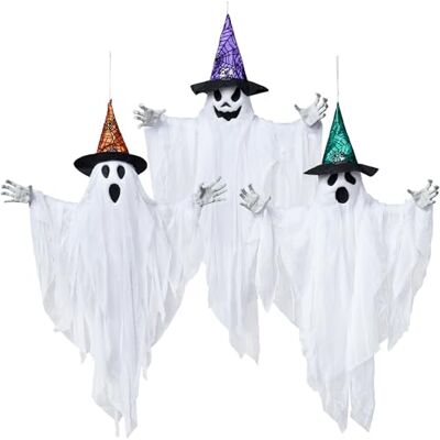 JOYIN 3 Stück 63 cm hängende Geister-Dekorationen, Halloween, weißer Geist mit Hüten für Spukhaus, Friedhofszene, gruselige Innen- und Außendekoration JOYIN 3 Stück 63 cm hängende Geister-Dekorationen, Halloween, weißer Geist mit Hüten für Spukhaus, Friedhofszene, gruselige Innen- und Außendekoration