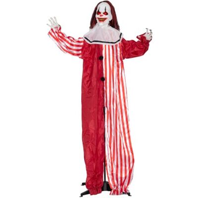 Outsunny 165 cm Halloween Dekoration Halloween Clown mit LED-Lichter Soundfunktion, Haustür Deko mit Verstellbaren Armen, Garten Dekofigur in Lebensgröße, für Party Outsunny 165 cm Halloween Dekoration Halloween Clown mit LED-Lichter Soundfunktion, Haustür Deko mit Verstellbaren Armen, Garten Dekofigur in Lebensgröße, für Party