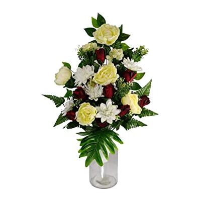 DRW Künstliche Blumenzentrum für Friedhof, Kirchen, Hochzeit, Blumenzentrum für die Heiligen, Rot, Weiß und Beige (Vase 65 x 40 cm) DRW Künstliche Blumenzentrum für Friedhof, Kirchen, Hochzeit, Blumenzentrum für die Heiligen, Rot, Weiß und Beige (Vase 65 x 40 cm)