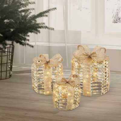 ECD Germany 3er Set LED Geschenkboxen mit 135 warmweißen LEDs, Gold, Drahtgestell, Weihnachtsdeko Innen, Beleuchtete Geschenkbox batteriebetrieben mit Timer, Weihnachtsgeschenkbox Weihnachtsbaum Box ECD Germany 3er Set LED Geschenkboxen mit 135 warmweißen LEDs, Gold, Drahtgestell, Weihnachtsdeko Innen, Beleuchtete Geschenkbox batteriebetrieben mit Timer, Weihnachtsgeschenkbox Weihnachtsbaum Box