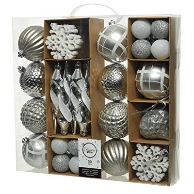 Decoris 50er Set bruchfeste Weihnachtskugeln weiß/Silber aus Kunststoff für innen und außen Decoris 50er Set bruchfeste Weihnachtskugeln weiß/Silber aus Kunststoff für innen und außen