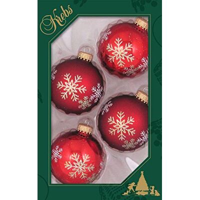 Krebs Glas Lauscha Weihnachtsdekoration/Christbaumschmuck aus Glas Weihnachtskugeln Motiv: Rot Schneeflocken 4 Stück Größe: ca. 7 cm Krebs Glas Lauscha Weihnachtsdekoration/Christbaumschmuck aus Glas Weihnachtskugeln Motiv: Rot Schneeflocken 4 Stück Größe: ca. 7 cm