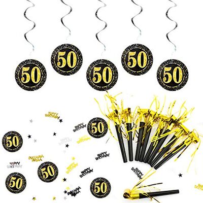 Unique ® 50. Geburtstag Party Feier Deko Set Tröten + Deckenhänger Wirbel Spiral Girlanden mit Zahl 50 + Konfetti Zahl 50 + Happy Birthday + Sterne Gold Silber Schwarz Unique ® 50. Geburtstag Party Feier Deko Set Tröten + Deckenhänger Wirbel Spiral Girlanden mit Zahl 50 + Konfetti Zahl 50 + Happy Birthday + Sterne Gold Silber Schwarz