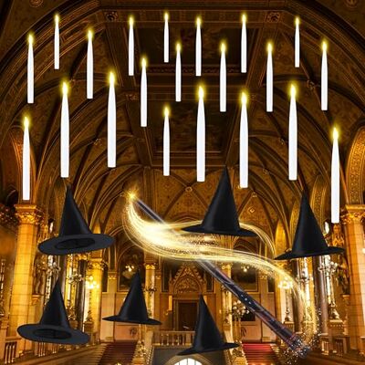 JOYIN 20 Stück Halloween Schwimmkerzen und Hexenhut leuchten mit Zauberstab-Fernbedienung, magische hängende Kerzen und Zaubererhut mit 2 Lichtmodi und Timer für Halloween, Fenster, Decke, Veranda JOYIN 20 Stück Halloween Schwimmkerzen und Hexenhut leuchten mit Zauberstab-Fernbedienung, magische hängende Kerzen und Zaubererhut mit 2 Lichtmodi und Timer für Halloween, Fenster, Decke, Veranda