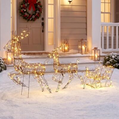 Outsunny LED Rentier mit Schlitten, 175 Warmweiße LEDs für Innen und Aussen Weihnachtsbeleuchtung mit 8 Lichtmodi, Timer, Weihnachtsfigur aus Polyrattan, Metallrahmen, Braun Outsunny LED Rentier mit Schlitten, 175 Warmweiße LEDs für Innen und Aussen Weihnachtsbeleuchtung mit 8 Lichtmodi, Timer, Weihnachtsfigur aus Polyrattan, Metallrahmen, Braun