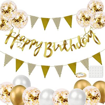 iWheat Geburtstag Dekoration Set, Weiß Gold Geburtstagsdeko, Party Deko Geburtstag Set mit Happy Birthday Banner Dreiecksflaggen für Birthday Party Supplies iWheat Geburtstag Dekoration Set, Weiß Gold Geburtstagsdeko, Party Deko Geburtstag Set mit Happy Birthday Banner Dreiecksflaggen für Birthday Party Supplies