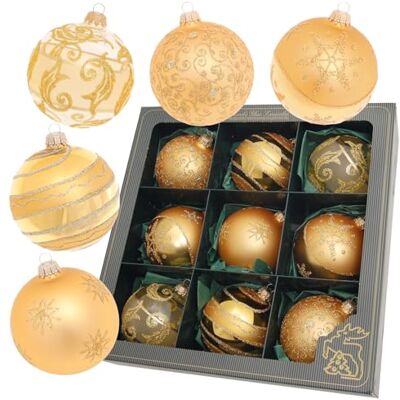 Krebs Glas Lauscha Weihnachtsdekoration/Christbaumschmuck aus Glas Satin-Glaskugelsortiment Farbe: Gold Inhalt: 9 Stück Größe: ca. 10 cm Krebs Glas Lauscha Weihnachtsdekoration/Christbaumschmuck aus Glas Satin-Glaskugelsortiment Farbe: Gold Inhalt: 9 Stück Größe: ca. 10 cm
