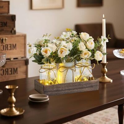 GarveeHome Set von 3 Weiß Rose Künstliche Seidenblumen mit Led-Leuchten in Holzkiste Künstliche Blumen mit Vase für Wohn-/Bürodekorationen, Tischdekoration, Valentinstag, Hochzeit Partei Tischaufsätze GarveeHome Set von 3 Weiß Rose Künstliche Seidenblumen mit Led-Leuchten in Holzkiste Künstliche Blumen mit Vase für Wohn-/Bürodekorationen, Tischdekoration, Valentinstag, Hochzeit Partei Tischaufsätze
