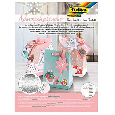 folia 9381 Adventskalender Bastelset Geschenktaschen Pastell, mit 24 vorgestanzten Geschenktüten in verschiedenen Designs, Geschenkanhängern, Satinband und Stickerbogen folia 9381 Adventskalender Bastelset Geschenktaschen Pastell, mit 24 vorgestanzten Geschenktüten in verschiedenen Designs, Geschenkanhängern, Satinband und Stickerbogen