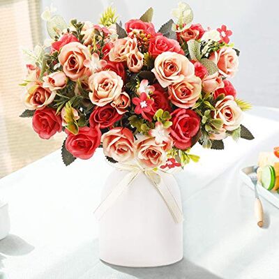 LESING Künstliche Seidenrose mit Vase, Kunstblumen, Hochzeitsblumen, Blumensträuße, Arrangement, Zuhause, Büro, Party, Tafelaufsatz, Tischdekoration (rot) LESING Künstliche Seidenrose mit Vase, Kunstblumen, Hochzeitsblumen, Blumensträuße, Arrangement, Zuhause, Büro, Party, Tafelaufsatz, Tischdekoration (rot)