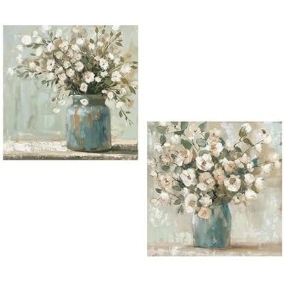 DRW Set mit 2 natürlichen Leinwandbildern mit Vasen und Blumen in Weiß, Grün und Blau, 60 x 60 x 3 cm DRW Set mit 2 natürlichen Leinwandbildern mit Vasen und Blumen in Weiß, Grün und Blau, 60 x 60 x 3 cm