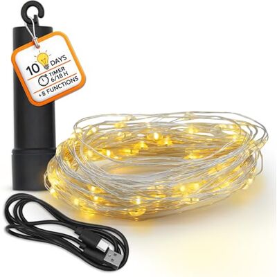 Spetebo Draht Lichterkette 100 LED warmweiß mit 8 Funktionen & Powerbank Akku Weihnachtslichterkette 9,9m multicolor mit Timer für Außen & Innen wiederaufladbar Weihnachten Party Deko Beleuchtung Spetebo Draht Lichterkette 100 LED warmweiß mit 8 Funktionen & Powerbank Akku Weihnachtslichterkette 9,9m multicolor mit Timer für Außen & Innen wiederaufladbar Weihnachten Party Deko Beleuchtung