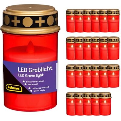 Idena 90394 LED Grabkerzen mit Deckel, 24 Stück je 6,5 x 12 cm, Grablicht aus Kunststoff in Rot und Gold, batteriebetriebene Trauerkerzen für draußen Idena 90394 LED Grabkerzen mit Deckel, 24 Stück je 6,5 x 12 cm, Grablicht aus Kunststoff in Rot und Gold, batteriebetriebene Trauerkerzen für draußen