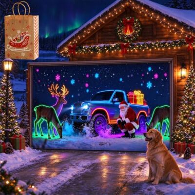 Jmwub Garagentor Banner Weihnachten für Außen, Santa mit Lieferwagen (480 * 200,1PC-A) Jmwub Garagentor Banner Weihnachten für Außen, Santa mit Lieferwagen (480 * 200,1PC-A)