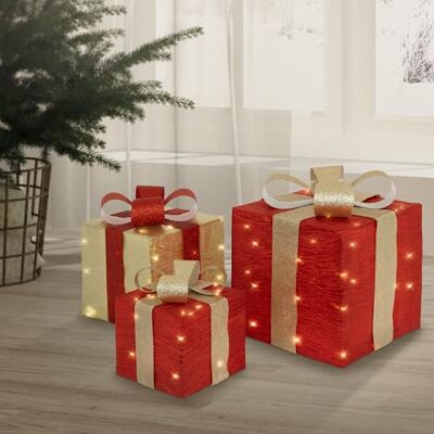 ECD Germany 3er Set LED Geschenkboxen mit 90 warmweißen LEDs, Rot-Gold, Drahtgestell, Weihnachtsdeko Innen, Beleuchtete Geschenkbox batteriebetrieben mit Timer, Weihnachtsdeko Weihnachtsgeschenkbox ECD Germany 3er Set LED Geschenkboxen mit 90 warmweißen LEDs, Rot-Gold, Drahtgestell, Weihnachtsdeko Innen, Beleuchtete Geschenkbox batteriebetrieben mit Timer, Weihnachtsdeko Weihnachtsgeschenkbox
