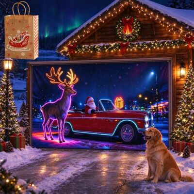 Jmwub Garagentor Banner Weihnachten für Außen, Santa mit Lieferwagen (480 * 200,1PC-M) Jmwub Garagentor Banner Weihnachten für Außen, Santa mit Lieferwagen (480 * 200,1PC-M)