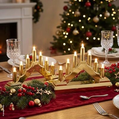 hellum Mini LED Schwibbogen gold 15,5x13cm, Batterie, innen, 2er Set LED Kerzenleuchter warmweiß Batterie (je 2xAA nicht inkl) mit je 7 Kerzen aus Kunststoff, Weihnachten, Advent, Fenster 153217 hellum Mini LED Schwibbogen gold 15,5x13cm, Batterie, innen, 2er Set LED Kerzenleuchter warmweiß Batterie (je 2xAA nicht inkl) mit je 7 Kerzen aus Kunststoff, Weihnachten, Advent, Fenster 153217
