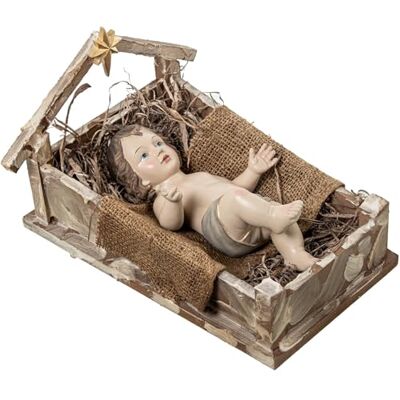 DRW Figur eines Jesuskindes in Krippe aus Harz in Beige und Braun, 20 x 31 x 25 cm DRW Figur eines Jesuskindes in Krippe aus Harz in Beige und Braun, 20 x 31 x 25 cm