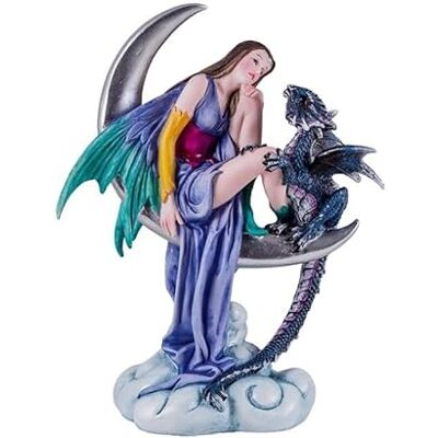 DRW Figur Fee sitzt auf dem Mond mit einem Drachen aus Kunstharz, handbemalt, 19 cm DRW Figur Fee sitzt auf dem Mond mit einem Drachen aus Kunstharz, handbemalt, 19 cm