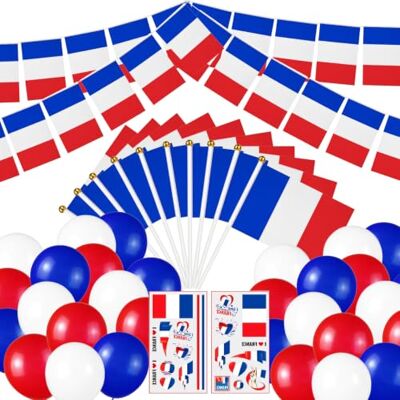 WONHUG Frankreich-Partydekorationsset Nationalfeiertag Frankreichs 14. Juli 10M lange Frankreich-Flaggen-Girlande 10 kleine Frankreich-Wimpel 30 rote, weiße und blaue Luftballons 2 Tattoo-Bögen WONHUG Frankreich-Partydekorationsset Nationalfeiertag Frankreichs 14. Juli 10M lange Frankreich-Flaggen-Girlande 10 kleine Frankreich-Wimpel 30 rote, weiße und blaue Luftballons 2 Tattoo-Bögen