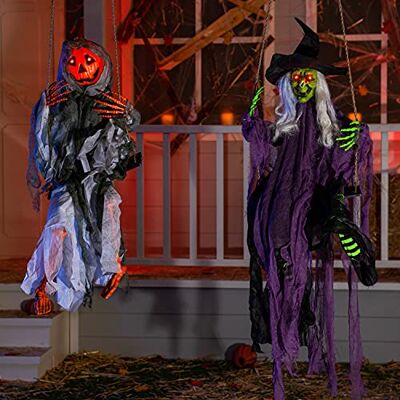JOYIN 2 Packungen leuchtende Halloween-Geister zum Aufhängen mit beleuchteten Augen, 91 cm schwingendes Kürbisgesicht, Geist und 122 cm Hexengeist für Hof, Terrasse, Rasen, Garten, Party-Dekoration JOYIN 2 Packungen leuchtende Halloween-Geister zum Aufhängen mit beleuchteten Augen, 91 cm schwingendes Kürbisgesicht, Geist und 122 cm Hexengeist für Hof, Terrasse, Rasen, Garten, Party-Dekoration