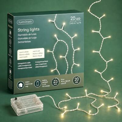 Lumineo LED Lichterkette 142,5cm Basic Batterie 20 LEDs Warmweiß / transparent Lichterkette mit Timer für Innenbereich Dauerbetrieb Leuchtkette Fenster Beleuchtung Wohnraum Weihnachtsbaum Tisch Deko Lumineo LED Lichterkette 142,5cm Basic Batterie 20 LEDs Warmweiß / transparent Lichterkette mit Timer für Innenbereich Dauerbetrieb Leuchtkette Fenster Beleuchtung Wohnraum Weihnachtsbaum Tisch Deko