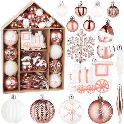 BRUBAKER 70 Stück Christbaumschmuck Weihnachtskugel Set Weiß Rosé Gold mit Lokomotive, Schneemänner, Kugeln, Herzen und Schneeflocken Baumkugel Baumschmuck Anhänger für Weihnachtsbaum BRUBAKER 70 Stück Christbaumschmuck Weihnachtskugel Set Weiß Rosé Gold mit Lokomotive, Schneemänner, Kugeln, Herzen und Schneeflocken Baumkugel Baumschmuck Anhänger für Weihnachtsbaum