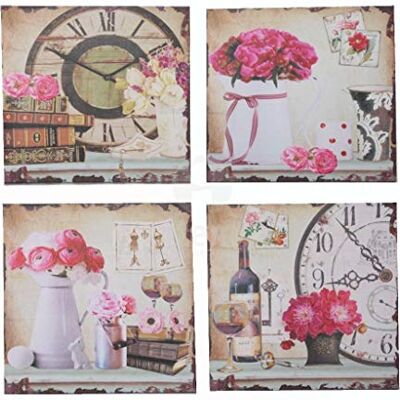 DRW Set mit 4 Bildern, Blumen mit Uhren, Verschiedene Farbtöne, 40 x 40 x 2 cm DRW Set mit 4 Bildern, Blumen mit Uhren, Verschiedene Farbtöne, 40 x 40 x 2 cm