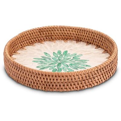 Decorasian Vintage Tablett aus Rattan mit Muschel Mosaik – Dekotablett und Serviertablett mit Griff im Boho Stil Durchmesser 25cm Decorasian Vintage Tablett aus Rattan mit Muschel Mosaik – Dekotablett und Serviertablett mit Griff im Boho Stil Durchmesser 25cm