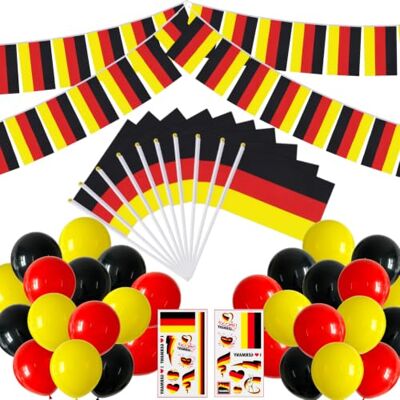 WONHUG Deutschland Partydekorationen Set der Deutschen Einheit Fußballspiel 10M Deutschlandflaggen-Banner 10 Stück kleine Deutschland-Wimpel 30 Stück rot-schwarz-gelbe Luftballons 2 Bögen Tattoos Tag WONHUG Deutschland Partydekorationen Set der Deutschen Einheit Fußballspiel 10M Deutschlandflaggen-Banner 10 Stück kleine Deutschland-Wimpel 30 Stück rot-schwarz-gelbe Luftballons 2 Bögen Tattoos Tag